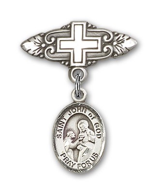 Pin Badge with St. John of God Charm and Badge Pin with Cross - Silver tone