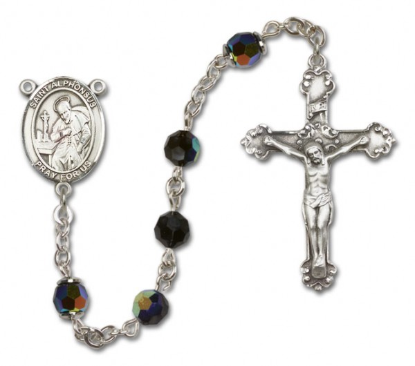 St. Alphonsus Sterling Silver Heirloom Rosary Fancy Crucifix - Black