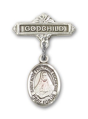 Pin Badge with St. Rose Philippine Charm and Godchild Badge Pin - Silver tone