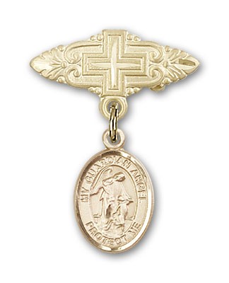 Pin Badge with Guardian Angel Charm and Badge Pin with Cross - Gold Tone