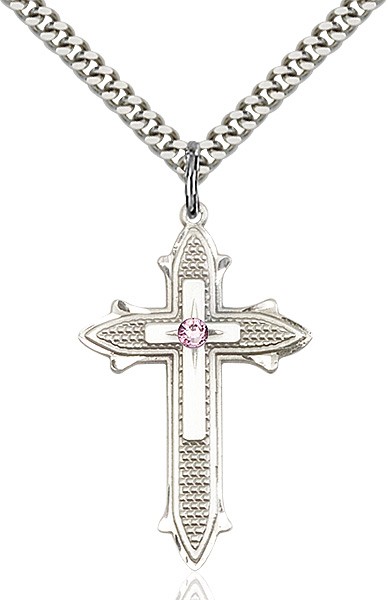Large Women's Polished and Textured Cross Pendant with Birthstone Option - Light Amethyst