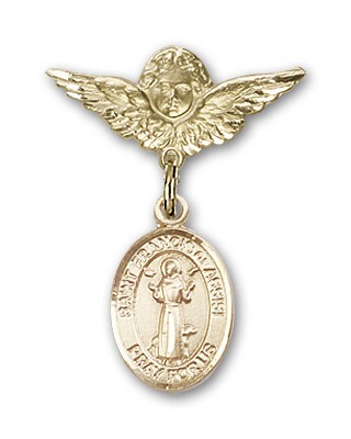 Pin Badge with St. Francis of Assisi Charm and Angel with Smaller Wings Badge Pin - 14K Solid Gold