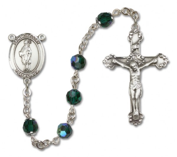 St. Gregory the Great Sterling Silver Heirloom Rosary Fancy Crucifix - Emerald Green