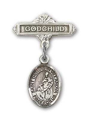 Pin Badge with St. Thomas of Villanova Charm and Godchild Badge Pin - Silver tone