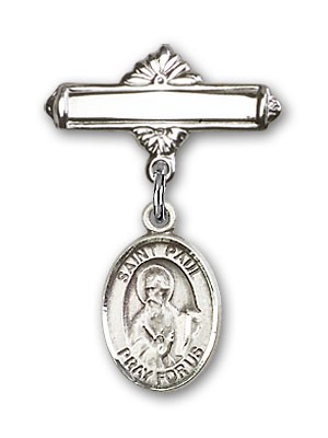 Pin Badge with St. Paul the Apostle Charm and Polished Engravable Badge Pin - Silver tone