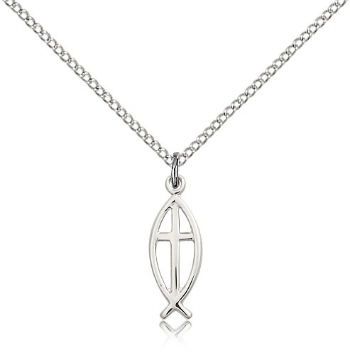 Women's Ichthus Fish with Cross Pendant - Sterling Silver