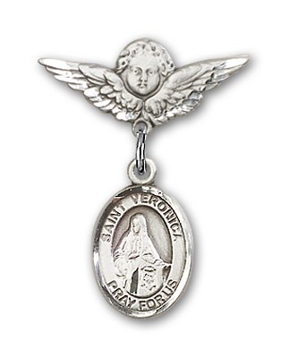 Pin Badge with St. Veronica Charm and Angel with Smaller Wings Badge Pin - Silver tone