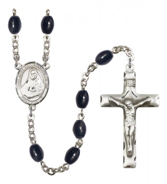 Men's St. Rose Philippine Duchesne Silver Plated Rosary - Black Oval