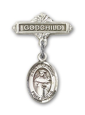 Pin Badge with St. Casimir of Poland Charm and Godchild Badge Pin - Silver tone