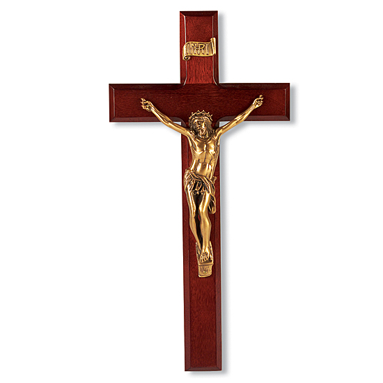Dark Cherry Wall Crucifix Golden Color Corpus - 12 inch - Cherry Wood