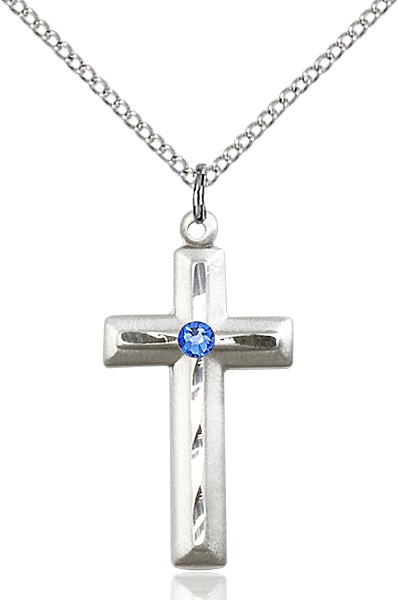 Matte and Polished Cross Pendant with Birthstone Options - Sapphire