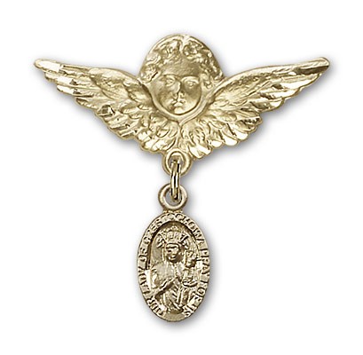 Pin Badge with Our Lady of Czestochowa Charm and Angel with Larger Wings Badge Pin - 14K Solid Gold