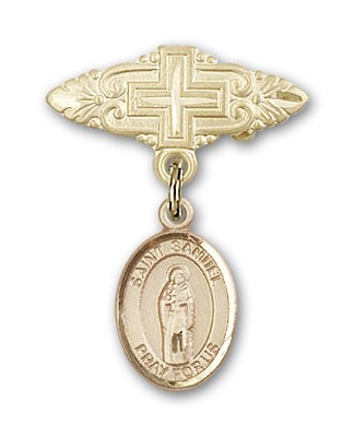 Pin Badge with St. Samuel Charm and Badge Pin with Cross - Gold Tone