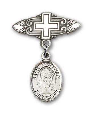 Pin Badge with St. Apollonia Charm and Badge Pin with Cross - Silver tone