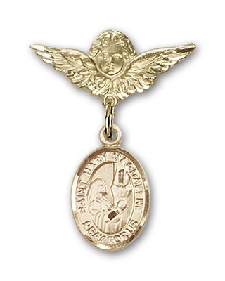 Pin Badge with St. Mary Magdalene Charm and Angel with Smaller Wings Badge Pin - 14K Solid Gold