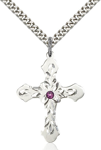 Floral and Petal Cross Pendant with Birthstone Options - Amethyst