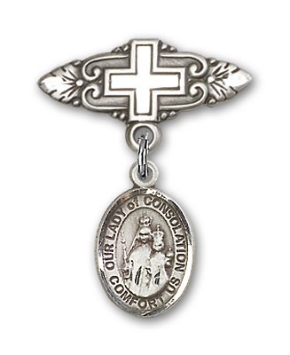 Pin Badge with Our Lady of Consolation Charm and Badge Pin with Cross - Silver tone