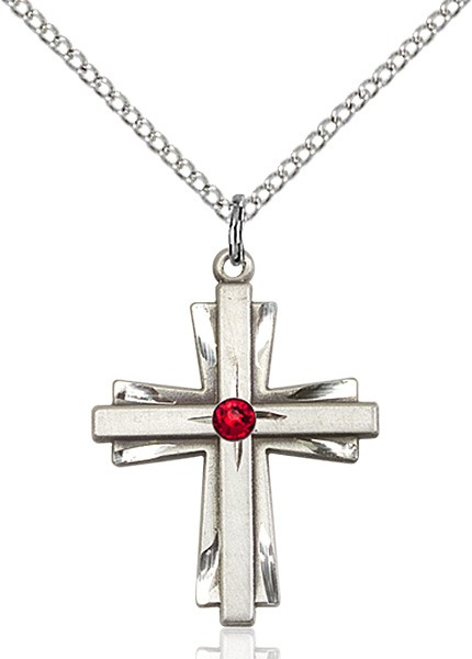 Women's Cross on Cross Pendant with Birthstone Options - Ruby Red
