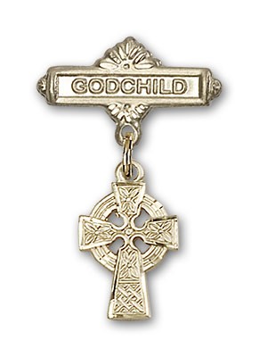 Baby Badge with Celtic Cross Charm and Godchild Badge Pin - 14K Solid Gold