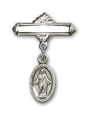 Pin Badge with Scapular Charm and Polished Engravable Badge Pin - Silver tone