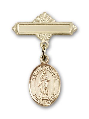 Pin Badge with St. Barbara Charm and Polished Engravable Badge Pin - Gold Tone