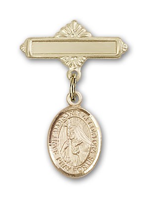 Pin Badge with St. Margaret of Cortona Charm and Polished Engravable Badge Pin - Gold Tone