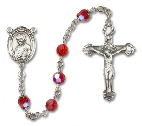 St.  John Neumann Sterling Silver Heirloom Rosary Fancy Crucifix - Ruby Red