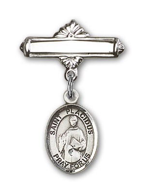 Pin Badge with St. Placidus Charm and Polished Engravable Badge Pin - Silver tone