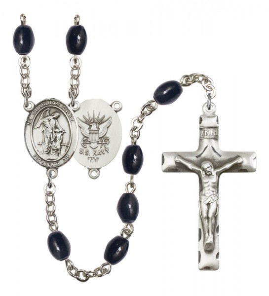 Men's Guardian Angel Navy Silver Plated Rosary - Black Oval