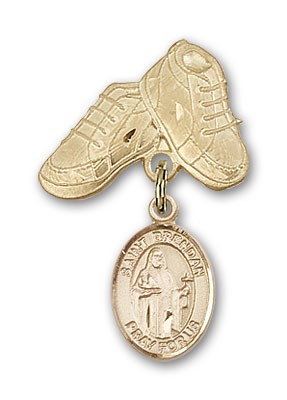 Pin Badge with St. Brendan the Navigator Charm and Baby Boots Pin - Gold Tone