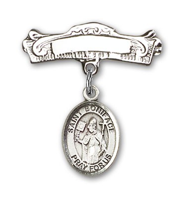 Pin Badge with St. Boniface Charm and Arched Polished Engravable Badge Pin - Silver tone