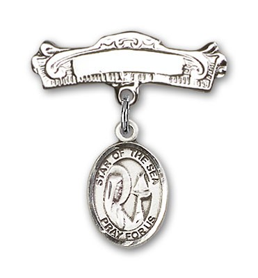 Pin Badge with Our Lady Star of the Sea Charm and Arched Polished Engravable Badge Pin - Silver tone