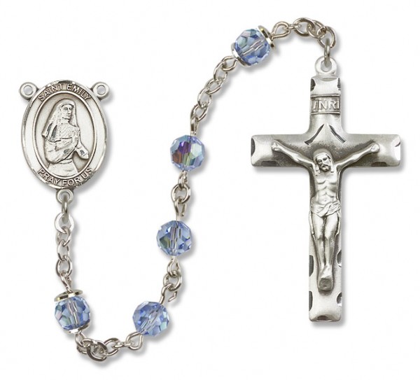 St. Emily de Vialar Sterling Silver Heirloom Rosary Squared Crucifix - Light Sapphire