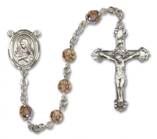 Mater Dolorosa Sterling Silver Heirloom Rosary Fancy Crucifix - Topaz