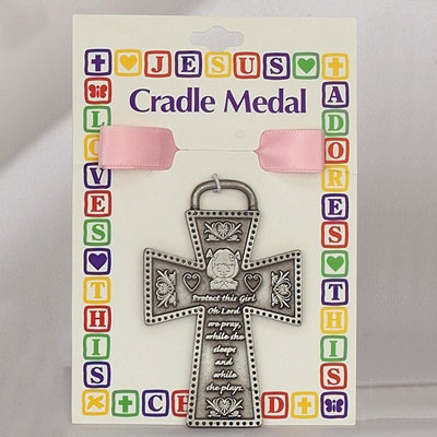 Protect This Girl Pewter Cross Crib Medal - Silver