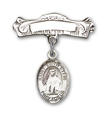 Pin Badge with St. Edith Stein Charm and Arched Polished Engravable Badge Pin - Silver tone