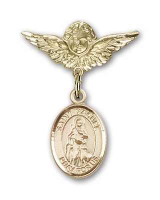 Pin Badge with St. Rachel Charm and Angel with Smaller Wings Badge Pin - Gold Tone