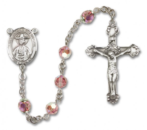 St. Andrew Kim Taegon Sterling Silver Heirloom Rosary Fancy Crucifix - Light Rose