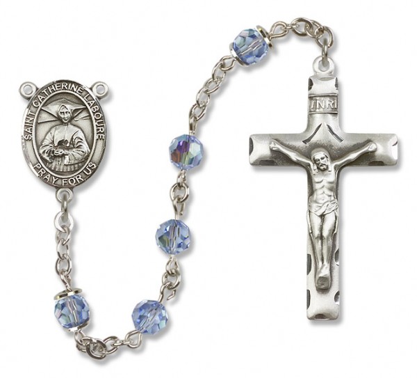 St. Catherine Laboure Sterling Silver Heirloom Rosary Squared Crucifix - Light Sapphire