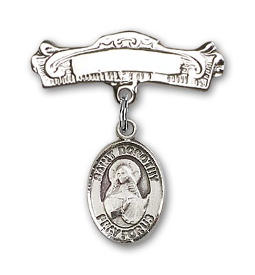 Pin Badge with St. Dorothy Charm and Arched Polished Engravable Badge Pin - Silver tone