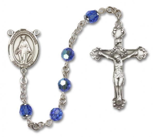 Our Lady of Lebanon Sterling Silver Heirloom Rosary Fancy Crucifix - Sapphire