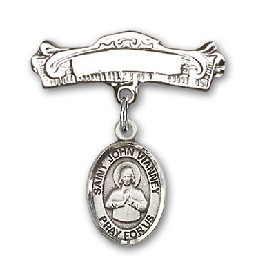 Pin Badge with St. John Vianney Charm and Arched Polished Engravable Badge Pin - Silver tone