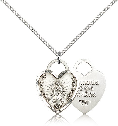 Our Lady of Guadalupe Heart Shaped Quincea&ntilde;era Medal - Sterling Silver