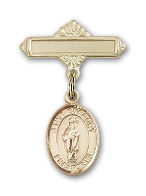Pin Badge with St. Gregory the Great Charm and Polished Engravable Badge Pin - Gold Tone