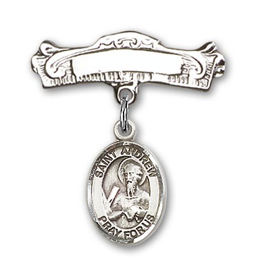 Pin Badge with St. Andrew the Apostle Charm and Arched Polished Engravable Badge Pin - Silver tone