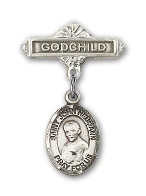 Pin Badge with St. John Neumann Charm and Godchild Badge Pin - Silver tone