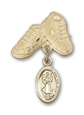 Pin Badge with St. Christopher Charm and Baby Boots Pin - 14K Solid Gold