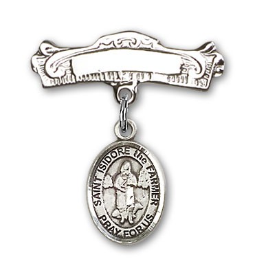 Pin Badge with St. Isidore the Farmer Charm and Arched Polished Engravable Badge Pin - Silver tone