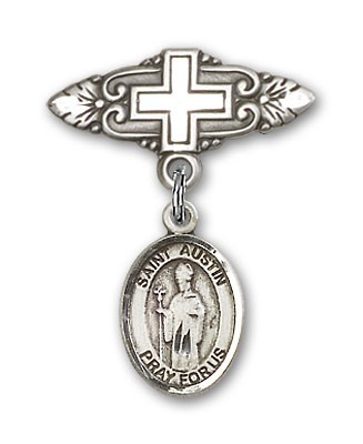 Pin Badge with St. Austin Charm and Badge Pin with Cross - Silver tone