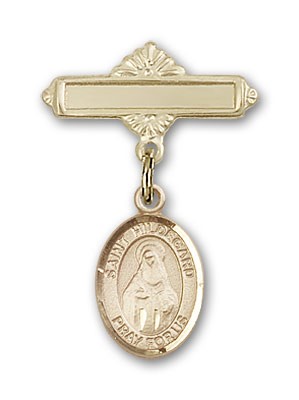 Pin Badge with St. Hildegard Von Bingen Charm and Polished Engravable Badge Pin - 14K Solid Gold